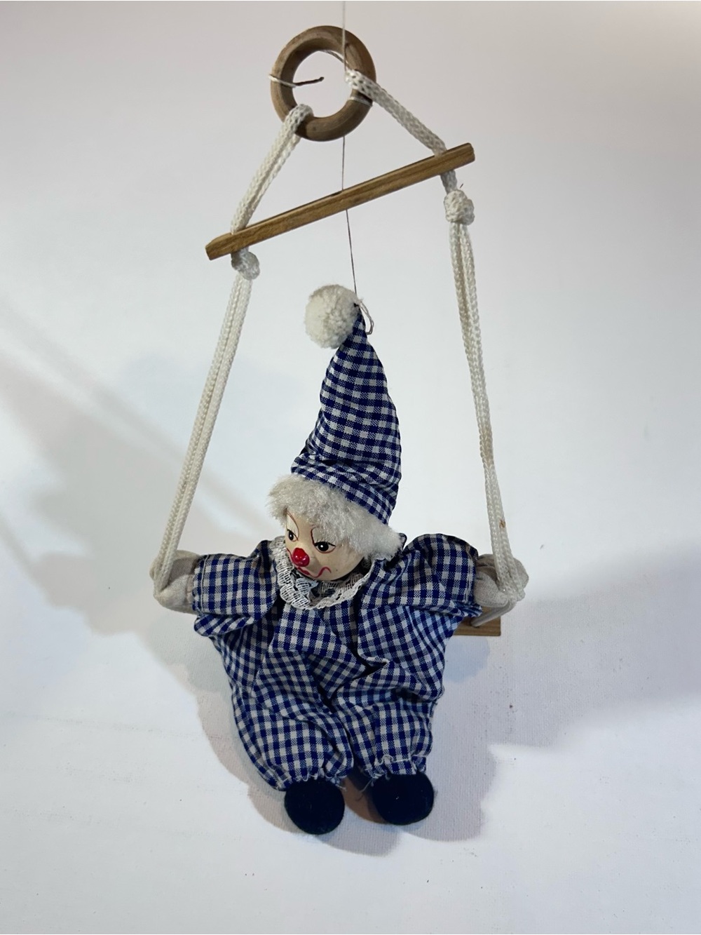 Vintage Clown Doll on Wooden Trapeze Swing Blue Gingham Hanging Decor 8”